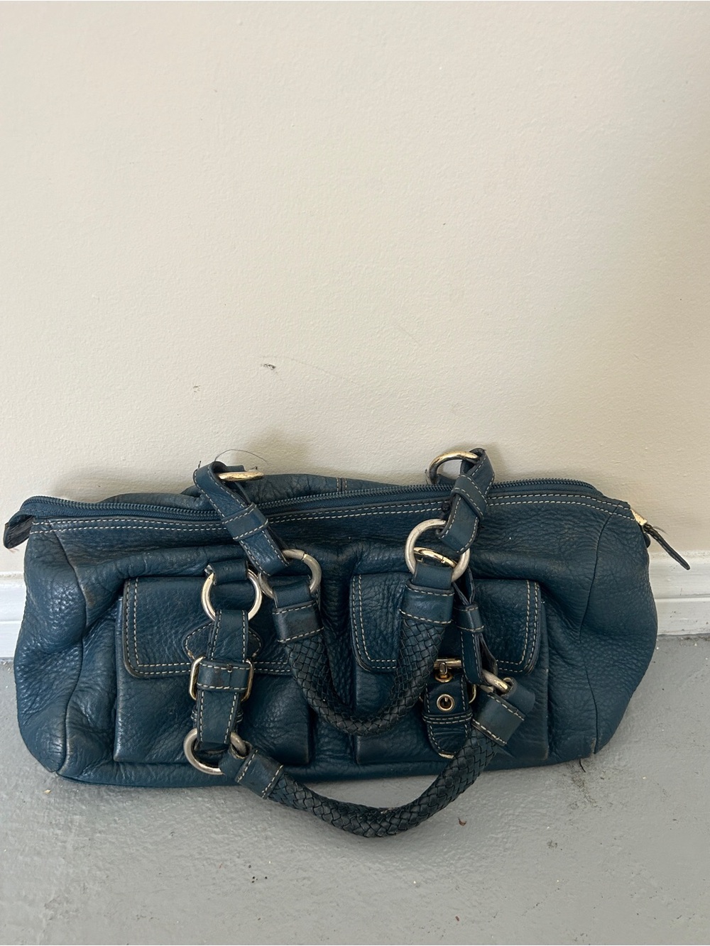 Teal Leather Satchel Handbag with Braided Handles